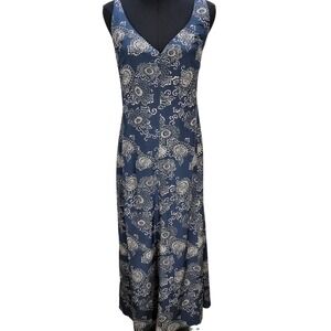 Women's J.Crew Size 14 100% Silk Maxi Dress Navy Floral V-Neck Romantic Boho